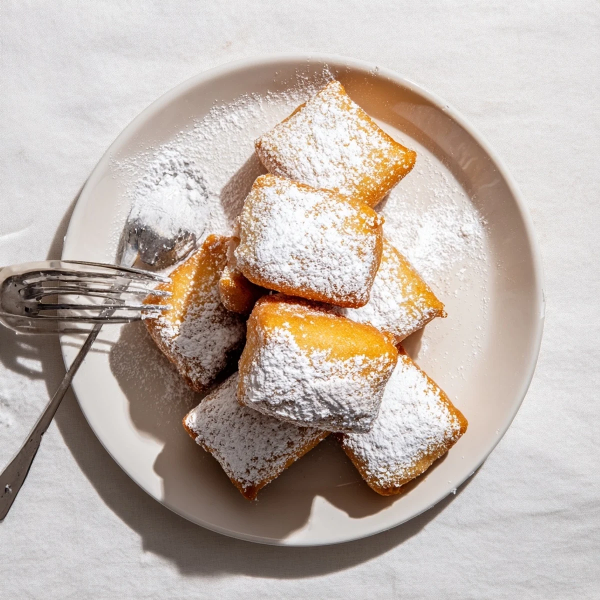 Stack of warm Vanilla French Beignets on a rustic wooden board, lightly dusted with powdered sugar and ready to serve.