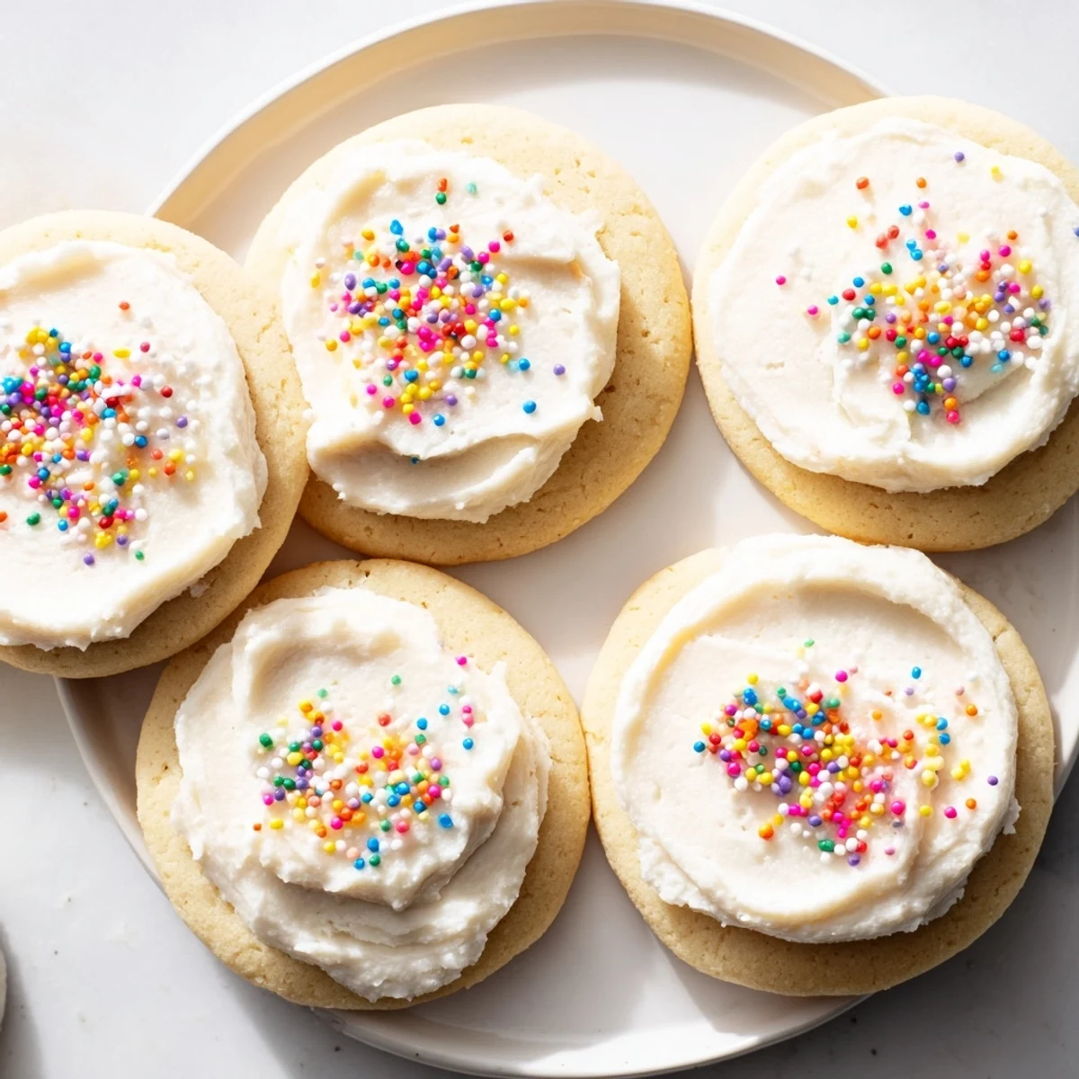 Stacked Walmart-Style Sugar Cookies with Buttercream Frosting displayed on a cooling rack with sprinkles.  
