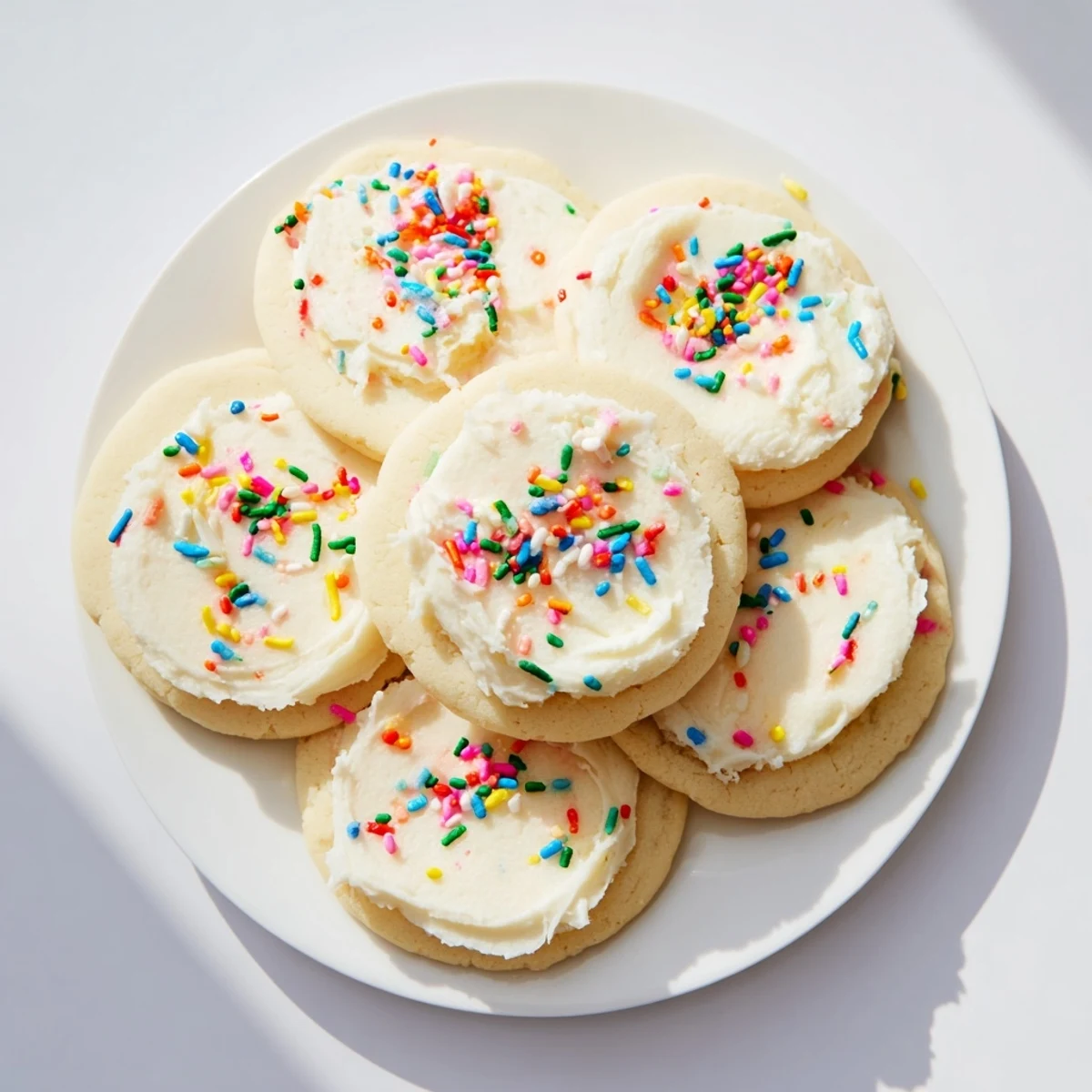 Freshly baked Walmart-Style Sugar Cookies with Buttercream Frosting arranged on a wooden serving platter.  