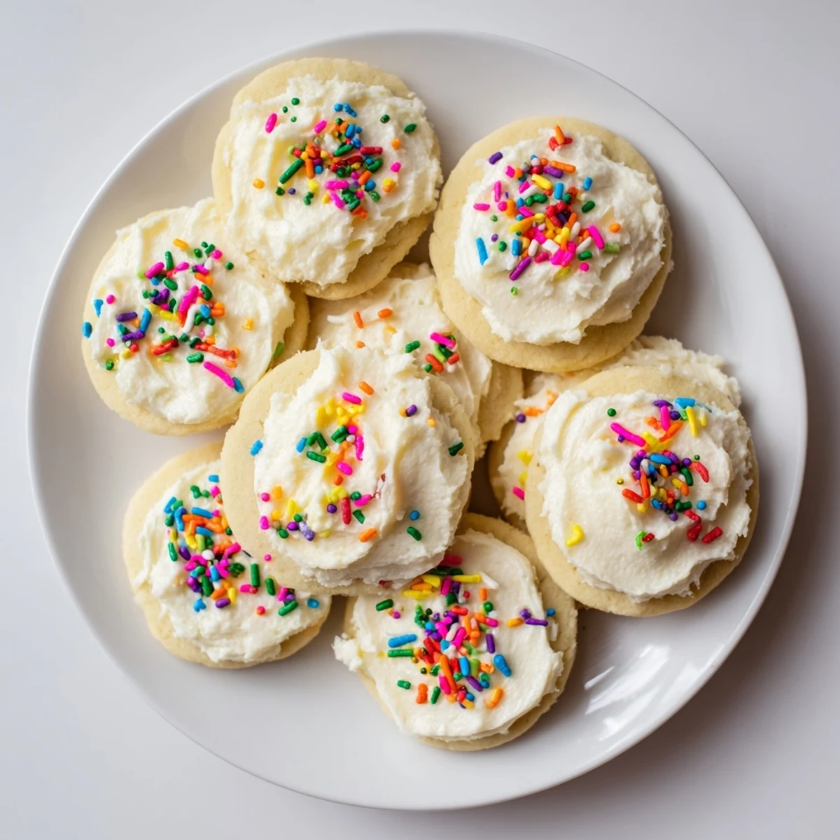 Close-up view of soft Walmart-Style Sugar Cookies with Buttercream Frosting showing fluffy texture.