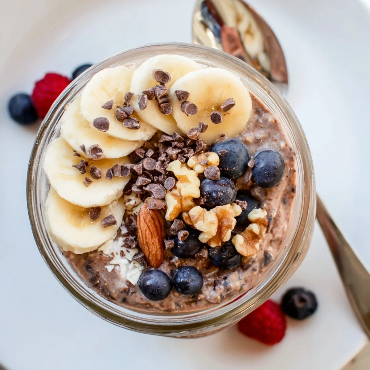 A glass jar of Ultimate Healthy Chocolate Overnight Oats with banana slices and chopped nuts on top.
