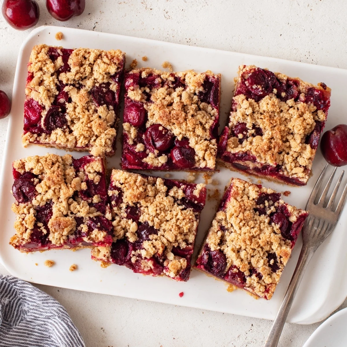 Freshly baked Cherry Crumble Bars with a golden crumbly topping and juicy red cherry filling on a white plate.