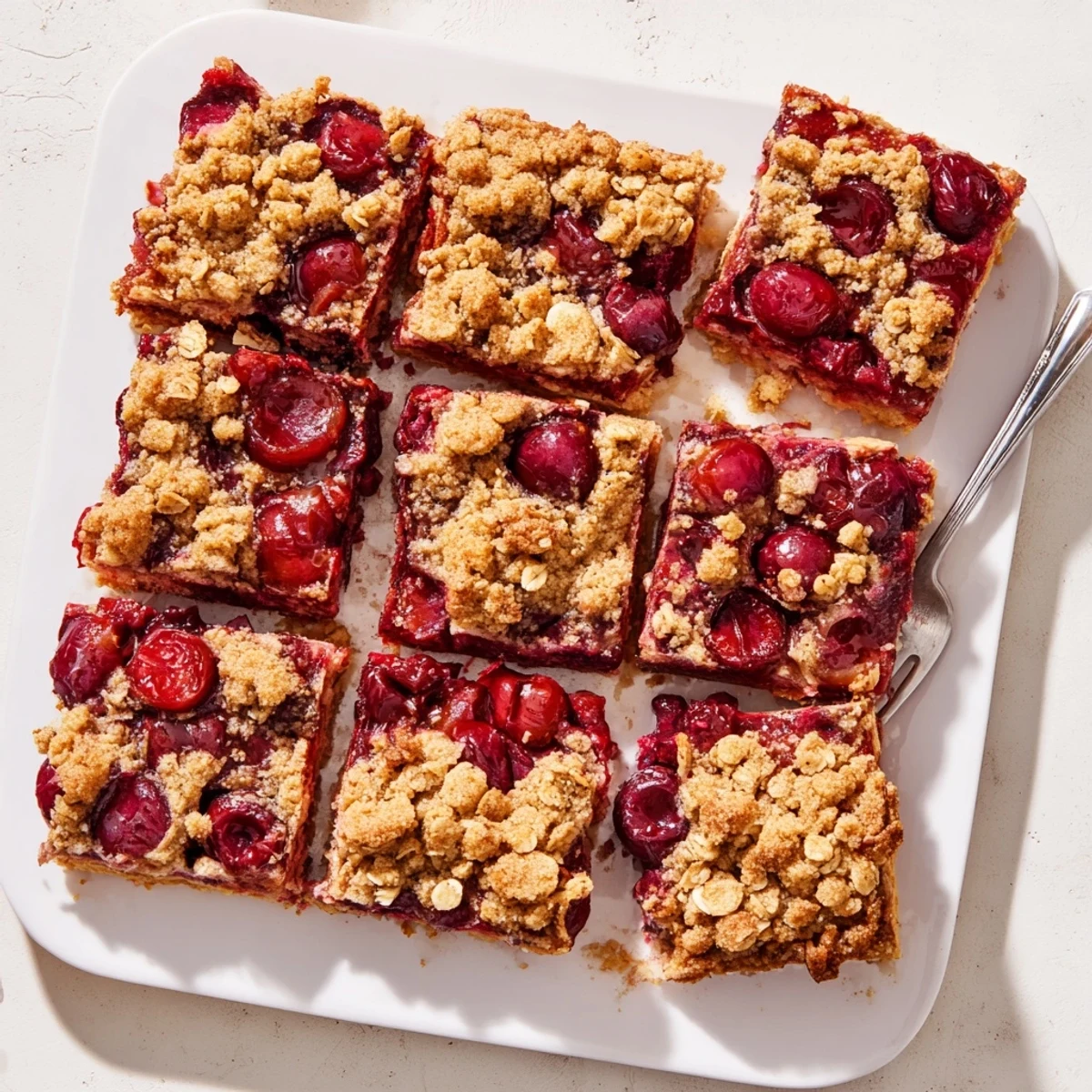 Warm Cherry Crumble Bars served with a dollop of vanilla ice cream melting over the tender crumble topping.