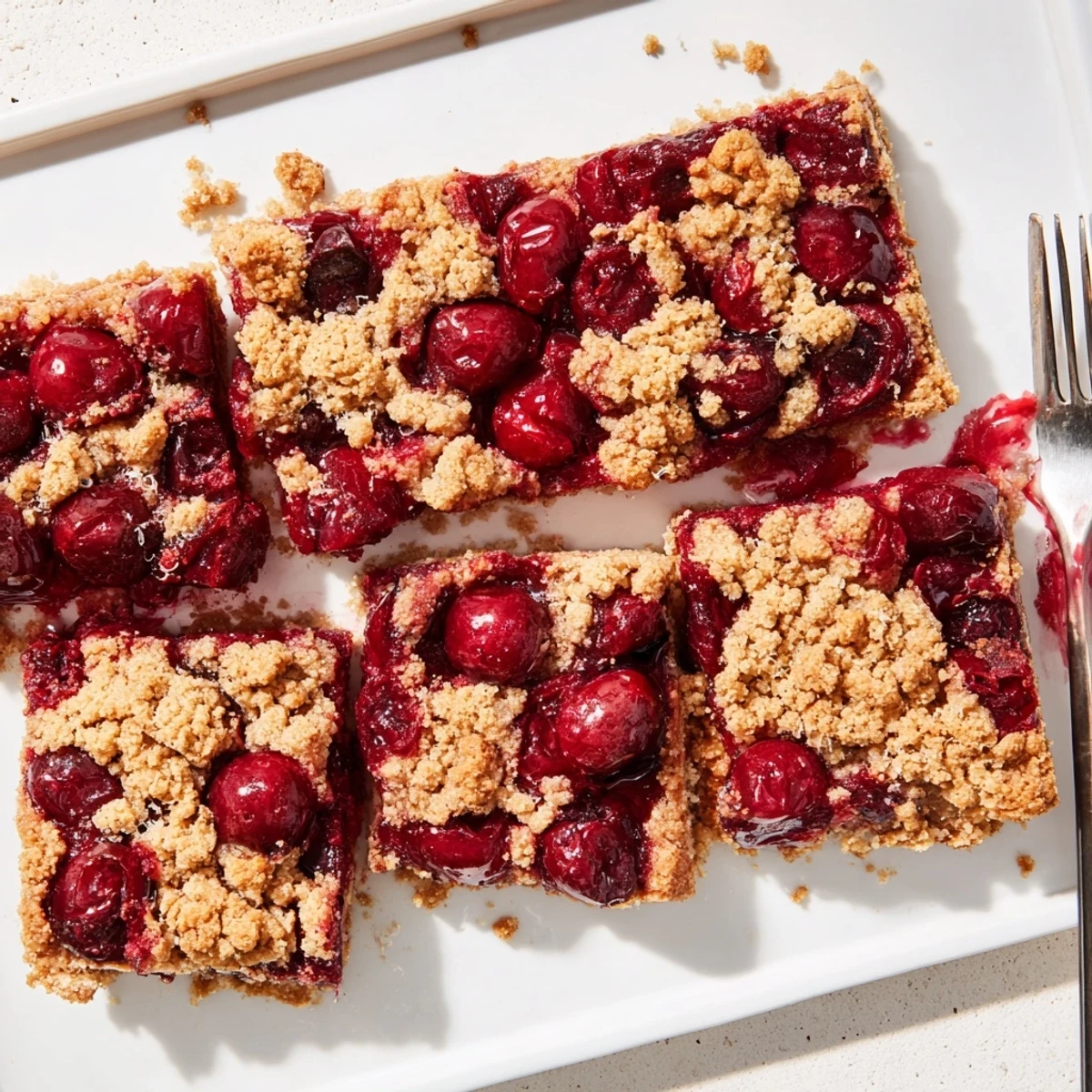 Close-up of Cherry Crumble Bars revealing gooey cherry filling and buttery crumble layers in a 9x9-inch pan.