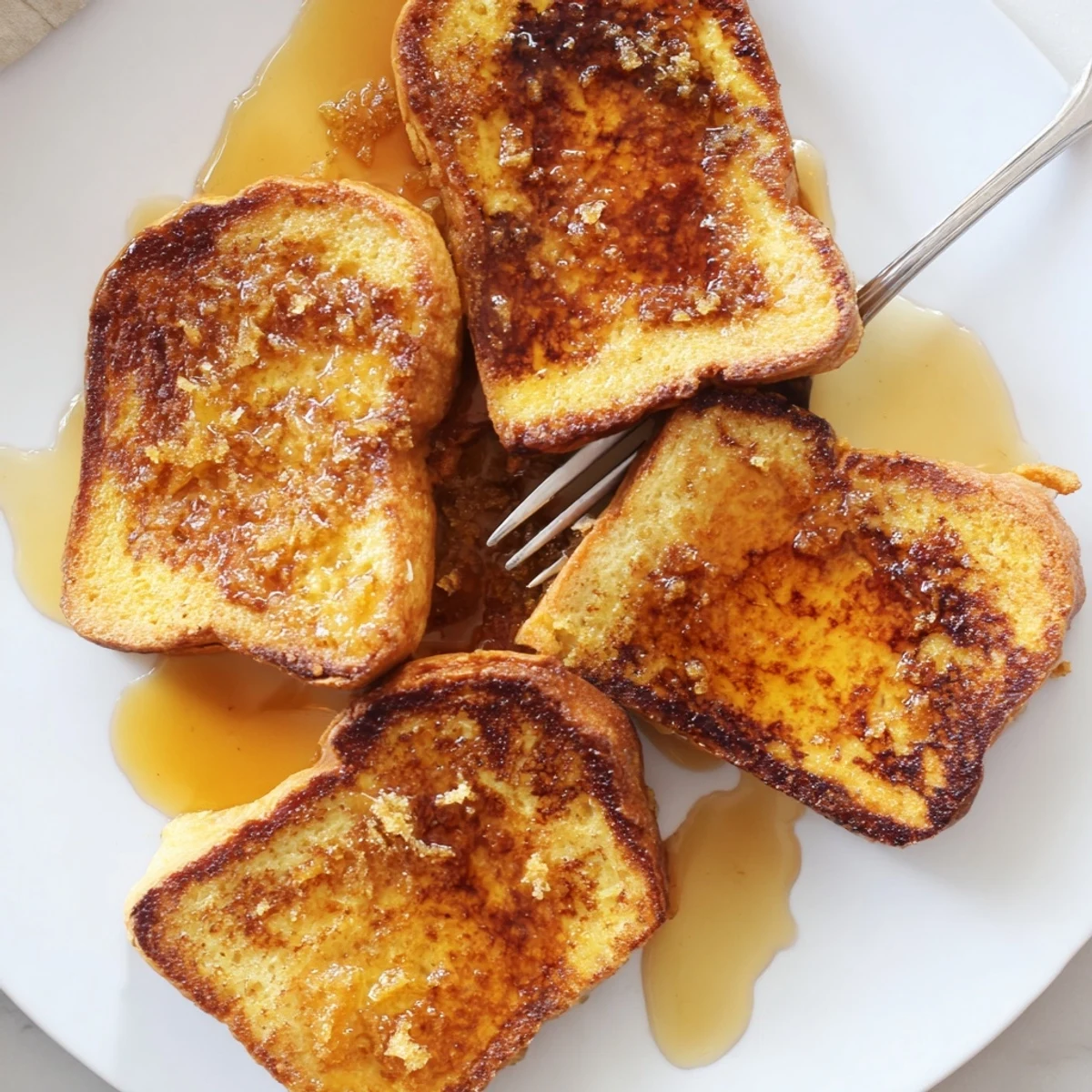 Freshly baked Crème Brûlée French Toast reveals golden caramelized edges and a crackly sugar crust on a rustic plate.  