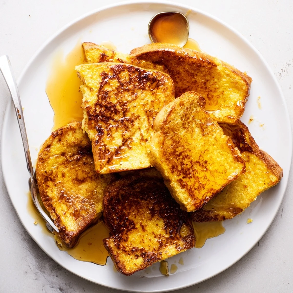 A close-up of Crème Brûlée French Toast shows creamy custard soaked brioche with a torch-brûléed sugar top.  