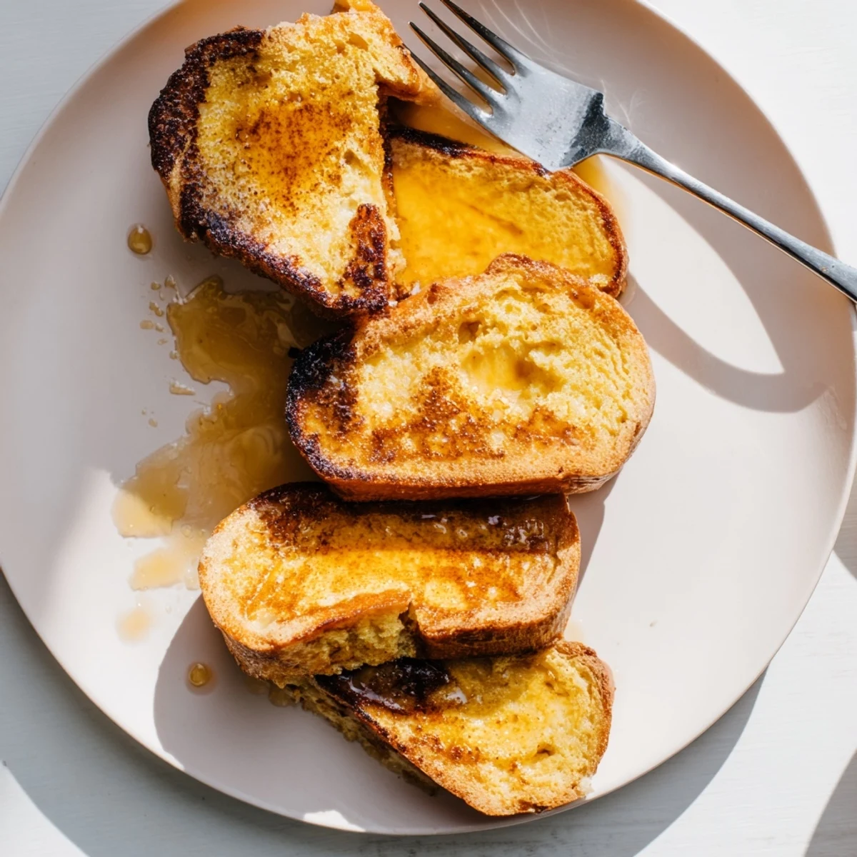 Morning light highlights a warm slice of Crème Brûlée French Toast beside fresh berries and a dusting of powdered sugar.