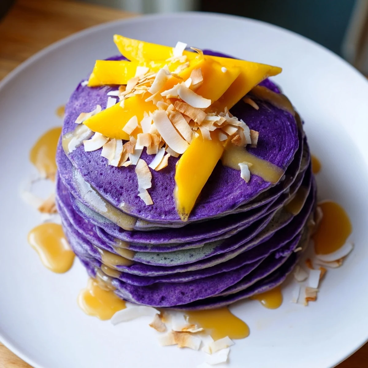 Fluffy ube mochi pancakes stacked high with a vibrant purple hue and a drizzle of sweetened condensed milk.
