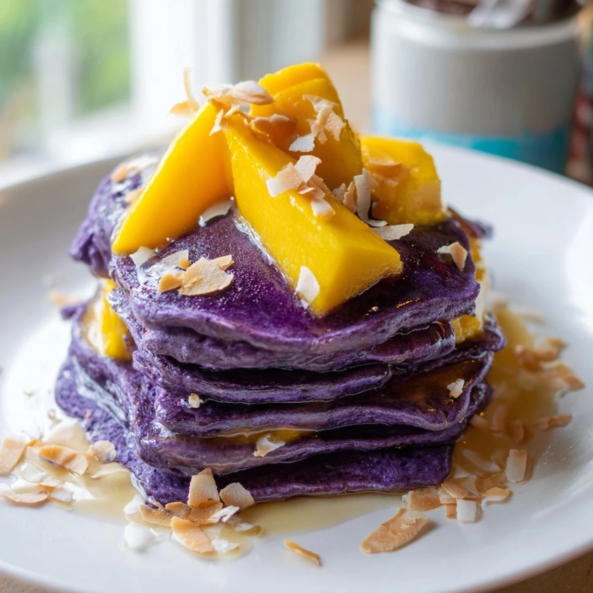 A close-up of freshly cooked ube mochi pancakes, showcasing the chewy texture and rich purple color.
