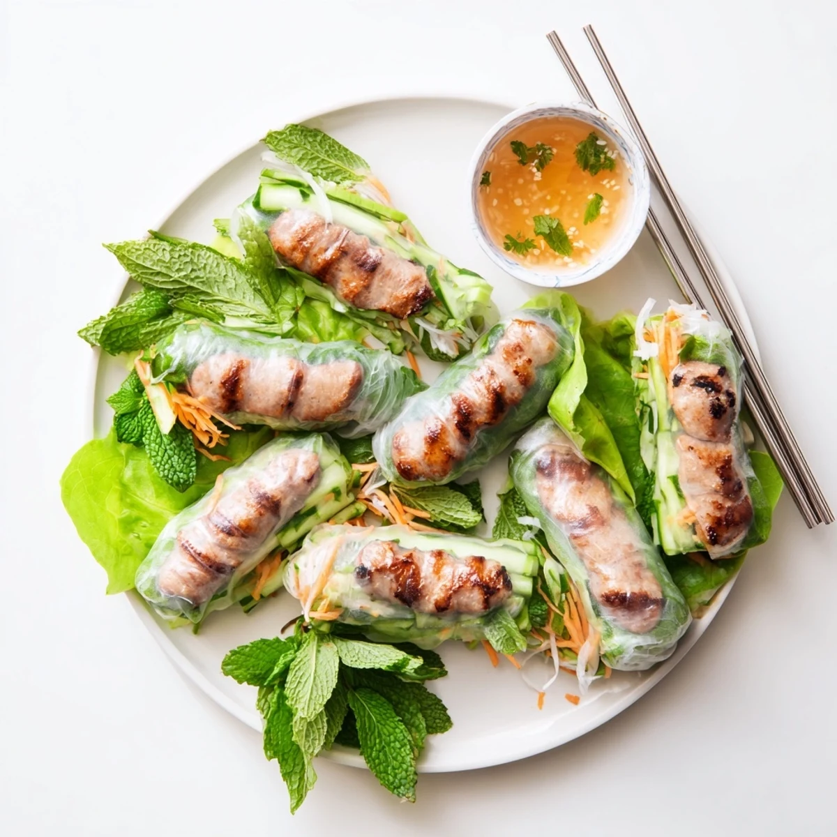 Freshly grilled Nem Nuong spring rolls with crisp veggies and herbs on a plate. 