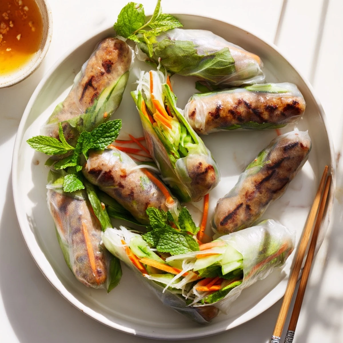 Nem Nuong spring rolls wrapped in rice paper with vermicelli and dipping sauce. 