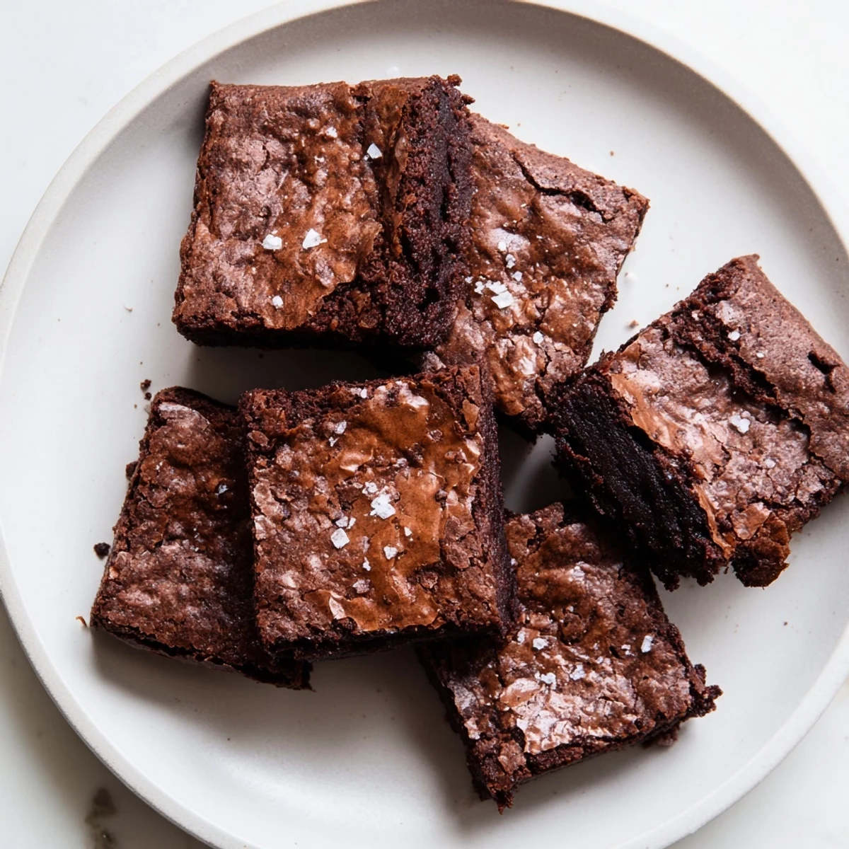 Top-down view of Fudgy Brown Butter Mochi Brownies arranged on a marble countertop, dusted with cocoa powder and ready to serve.