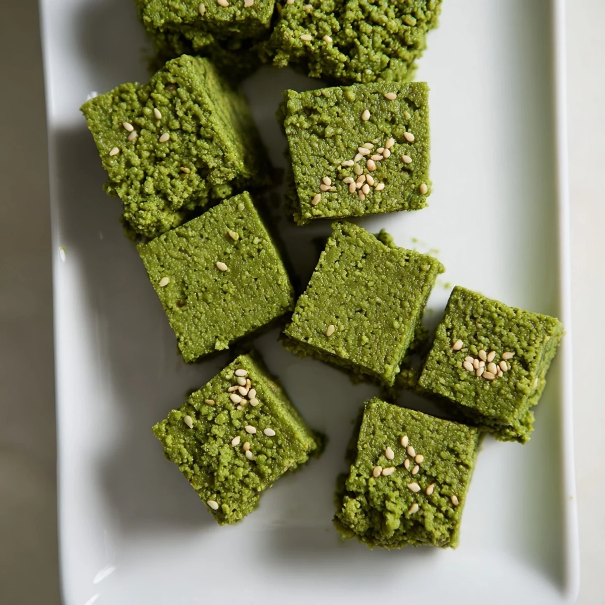 A close-up of 5-Ingredient Matcha Halva squares showing a smooth, pale green matcha tahini texture and subtle crumbly edges on a marble board.