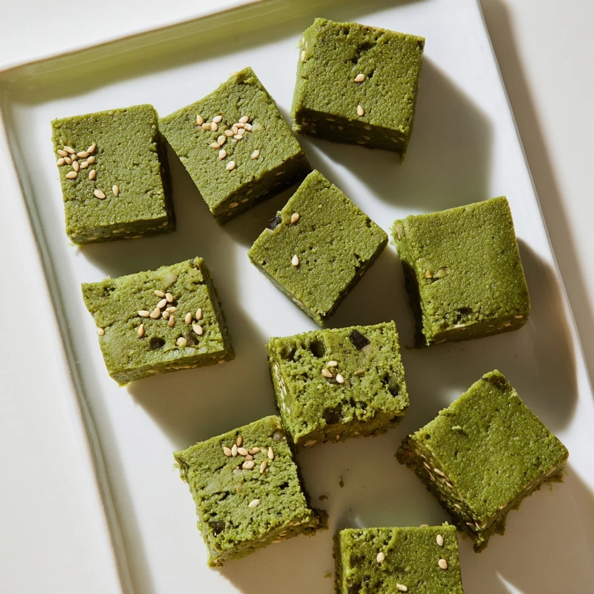 A neat stack of 5-Ingredient Matcha Halva pieces with a light dusting of matcha powder beside a cup of green tea.