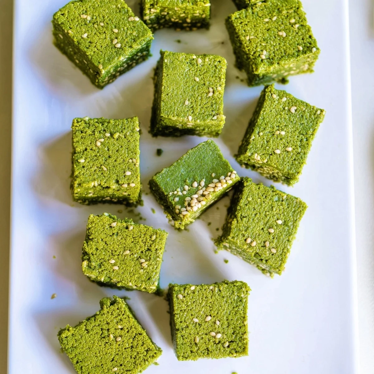 Freshly sliced 5-Ingredient Matcha Halva squares arranged on a minimalist plate, highlighting the dense texture and vibrant green color in natural light.