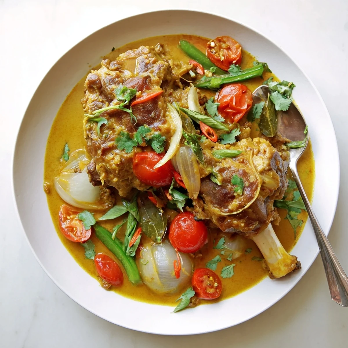 A slow-cooked Sri Lankan Lamb Shank Curry served steaming hot alongside fluffy white rice for dinner.