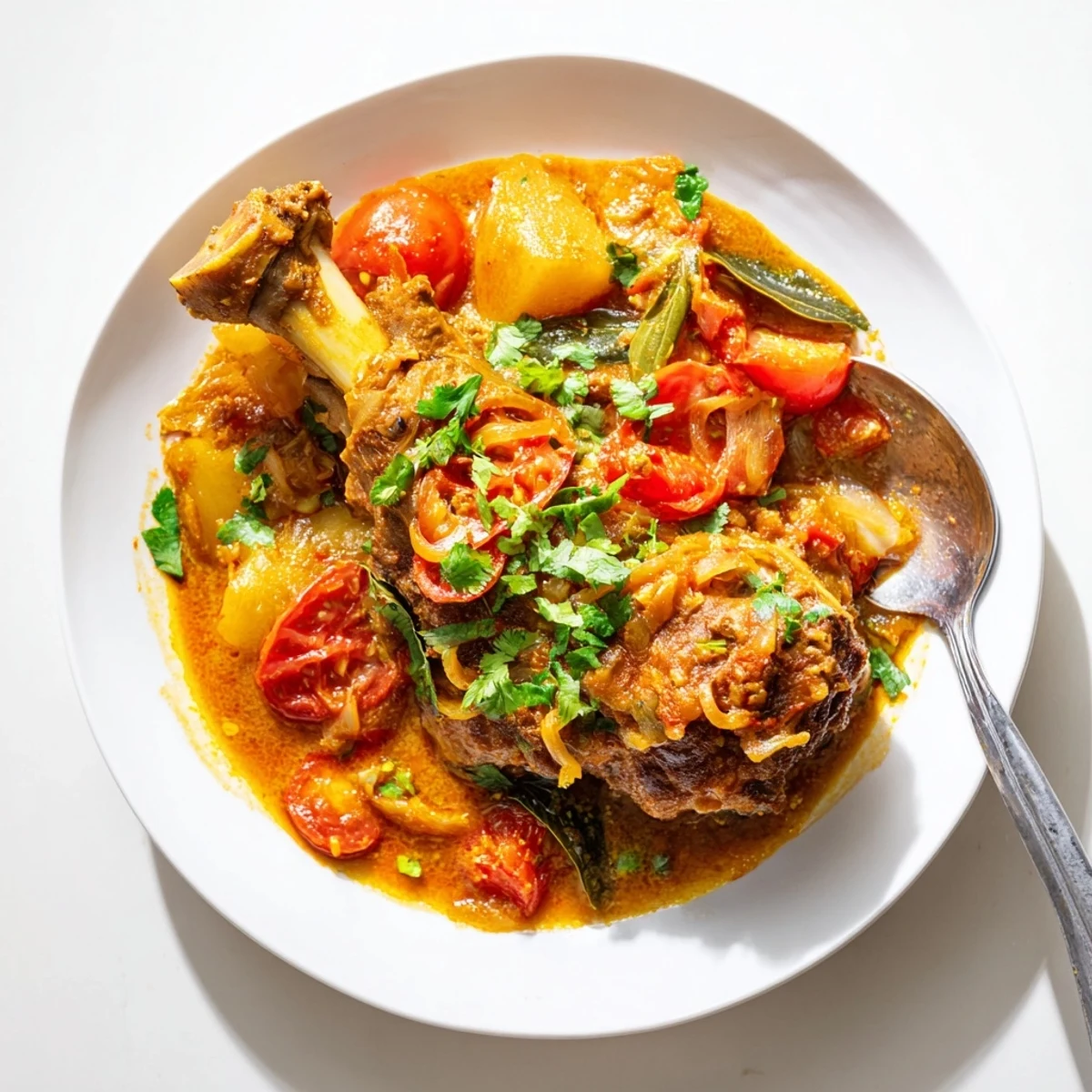 A close-up of a spoon digging into the thick, fragrant sauce and meaty bone of Sri Lankan Lamb Shank Curry.