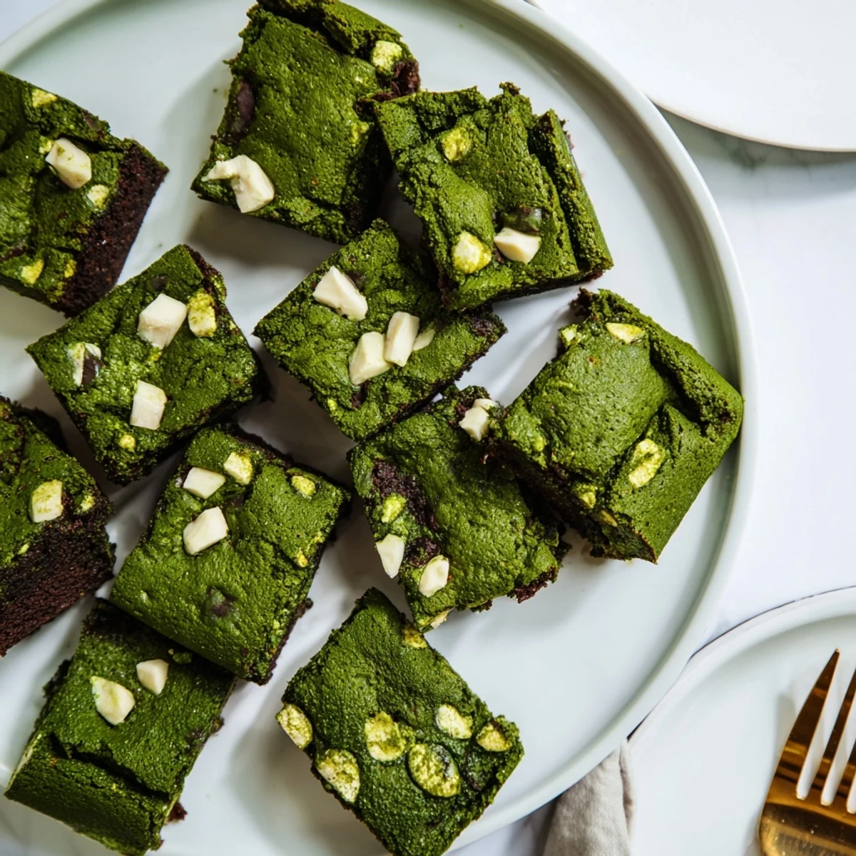 A close-up of fudgy Matcha Brownies with a vibrant green interior, studded with melted white chocolate chunks on a rustic wooden board.  