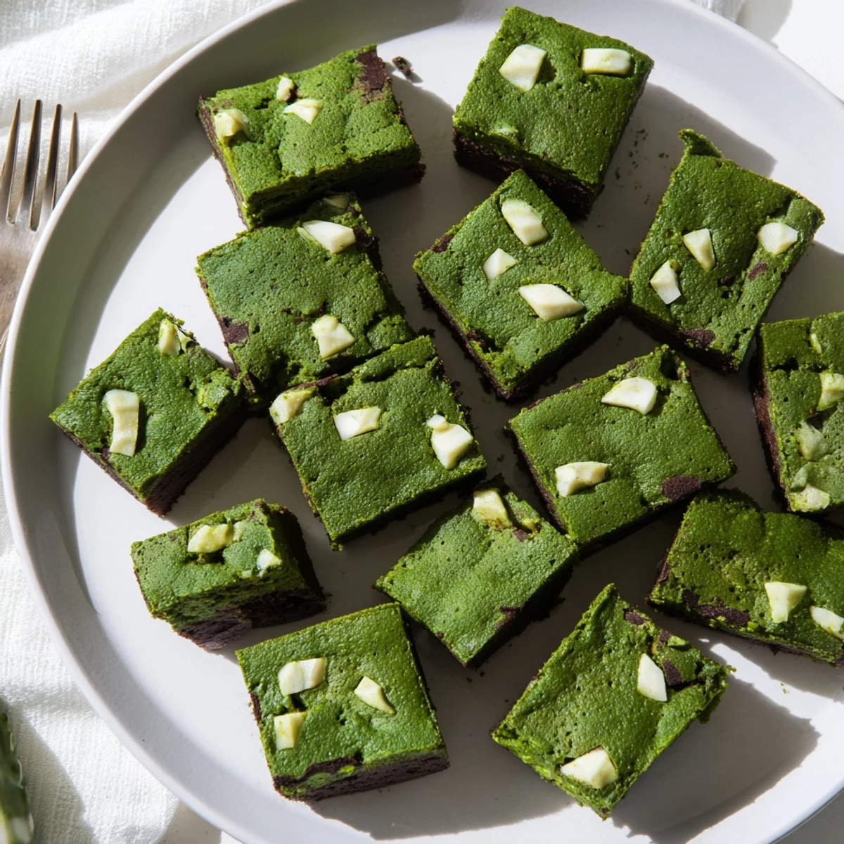 Freshly baked Matcha Brownies cut into neat squares, displaying a rich, glossy texture on a white ceramic plate with matcha powder sprinkled nearby.