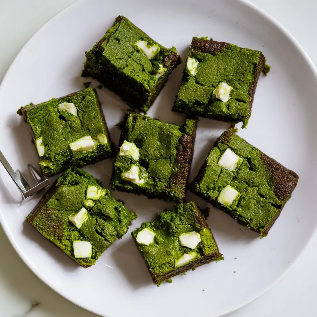 A stack of three Matcha Brownies squares showing their moist crumb, dusted with powdered sugar and paired with a steaming cup of green tea.  