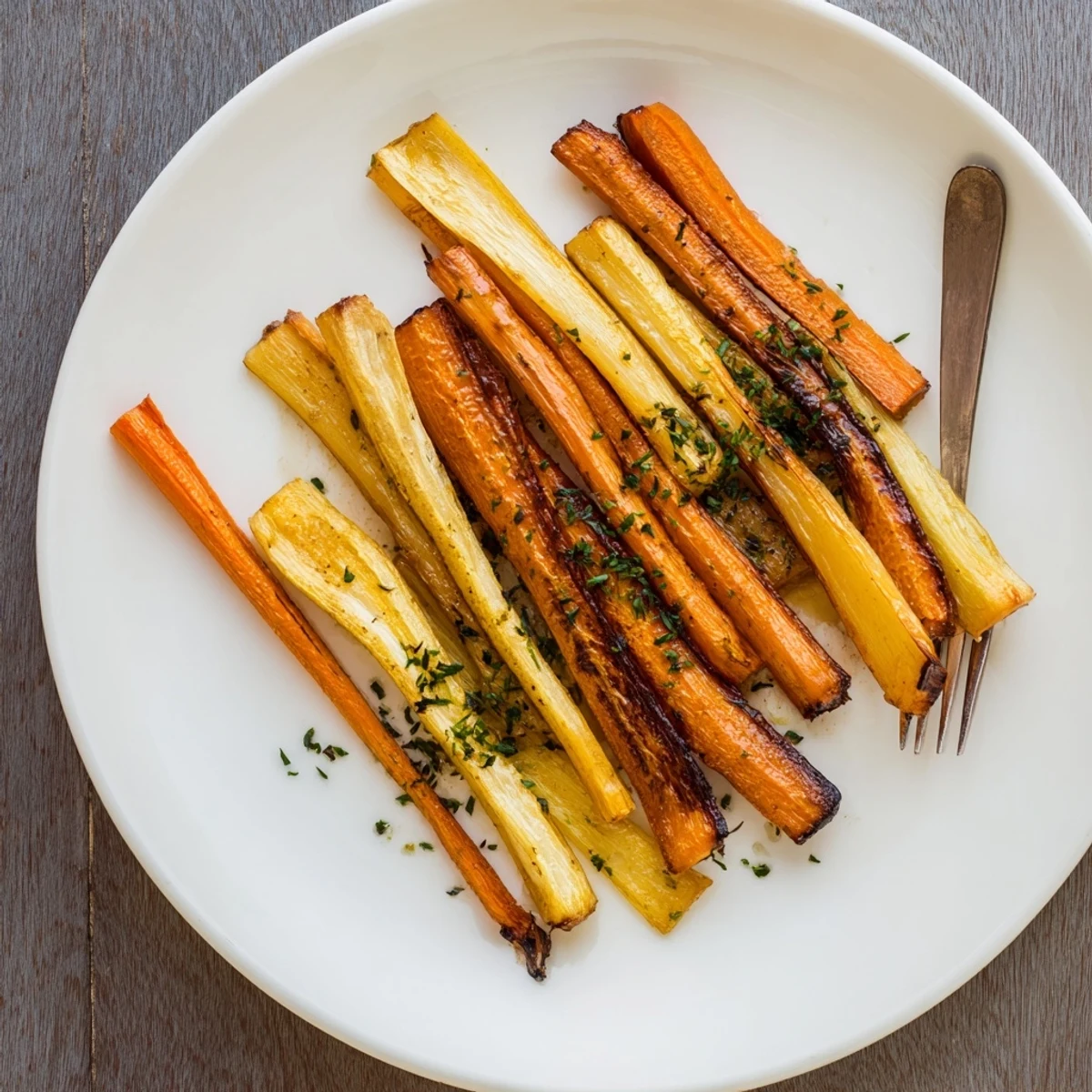 Golden roasted Tarragon and Honey Parsnips and Carrots glistening on a white plate.