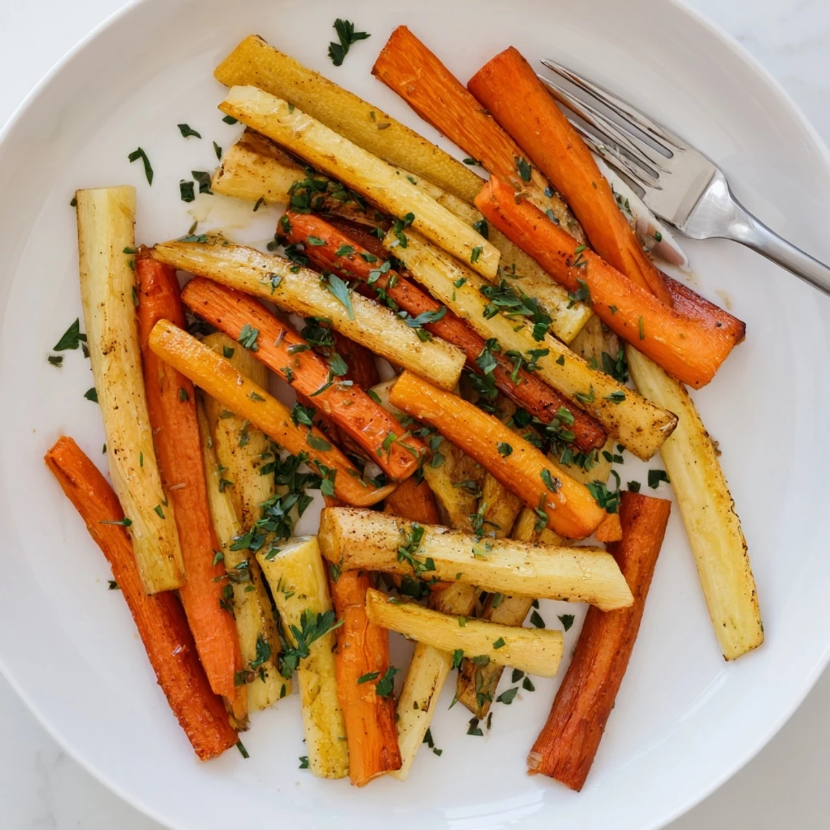 Tender Tarragon and Honey Parsnips and Carrots served warm alongside a main course.
