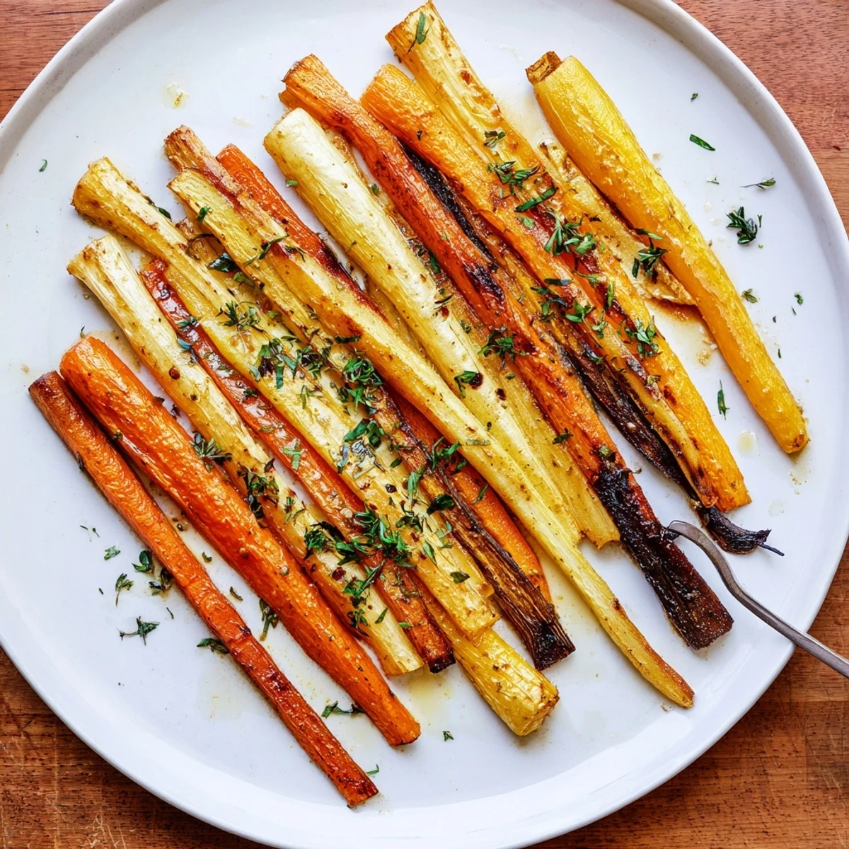 A vibrant baking sheet of Tarragon and Honey Parsnips and Carrots fresh from the oven.