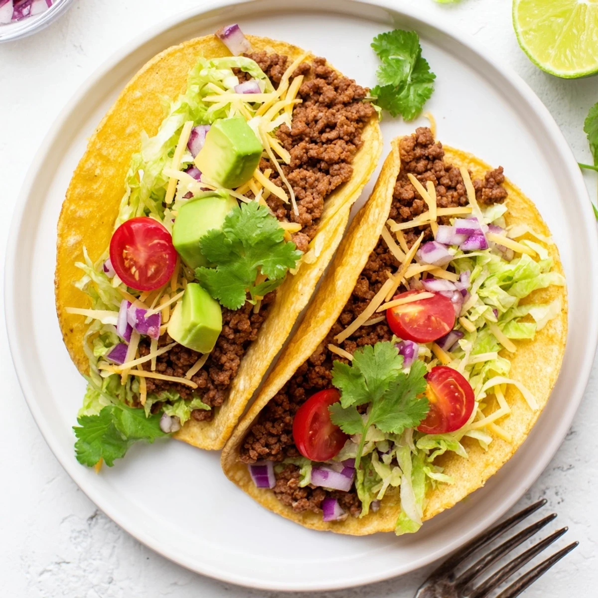 A close-up of vegetarian ground beef tacos with seasoned filling, fresh lettuce, and creamy avocado slices on a plate.