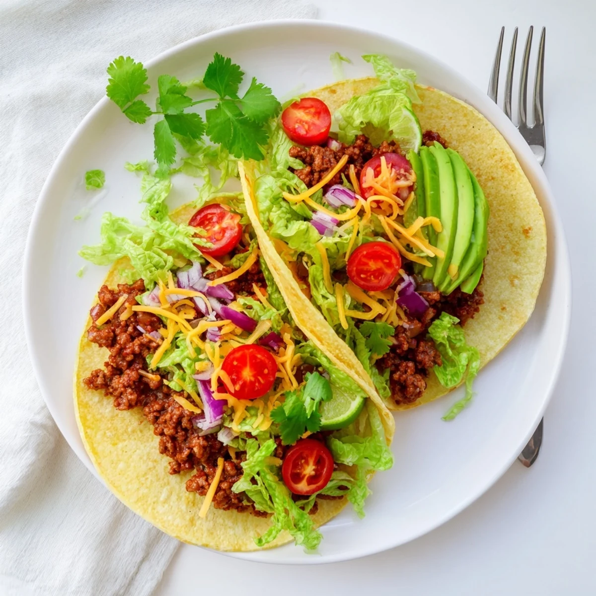 Warm vegetarian ground beef tacos topped with melted cheese, cherry tomatoes, and cilantro, ready to serve with lime wedges.
