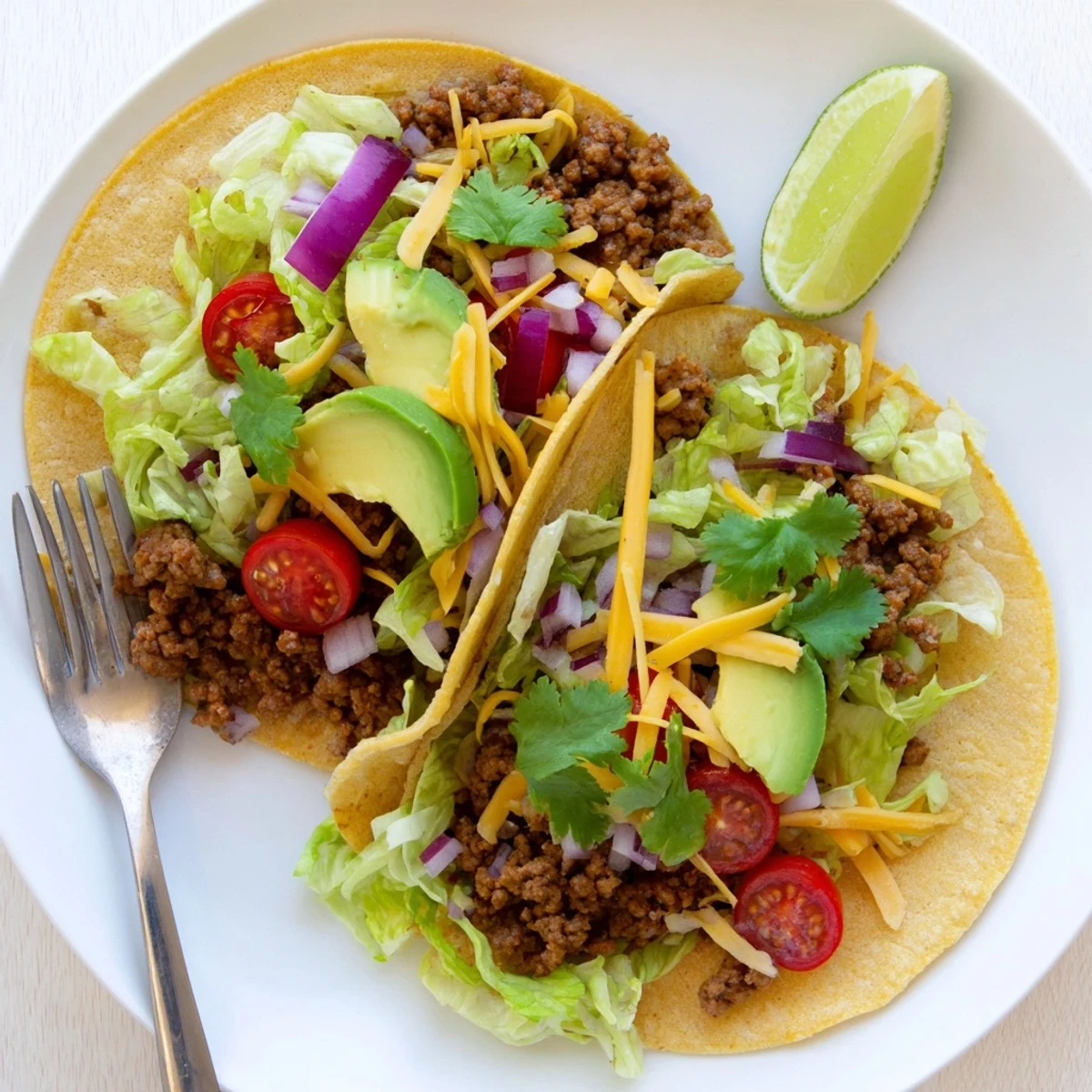 A rustic table setting features assembled vegetarian ground beef tacos with vibrant red onions and fresh avocado garnish.