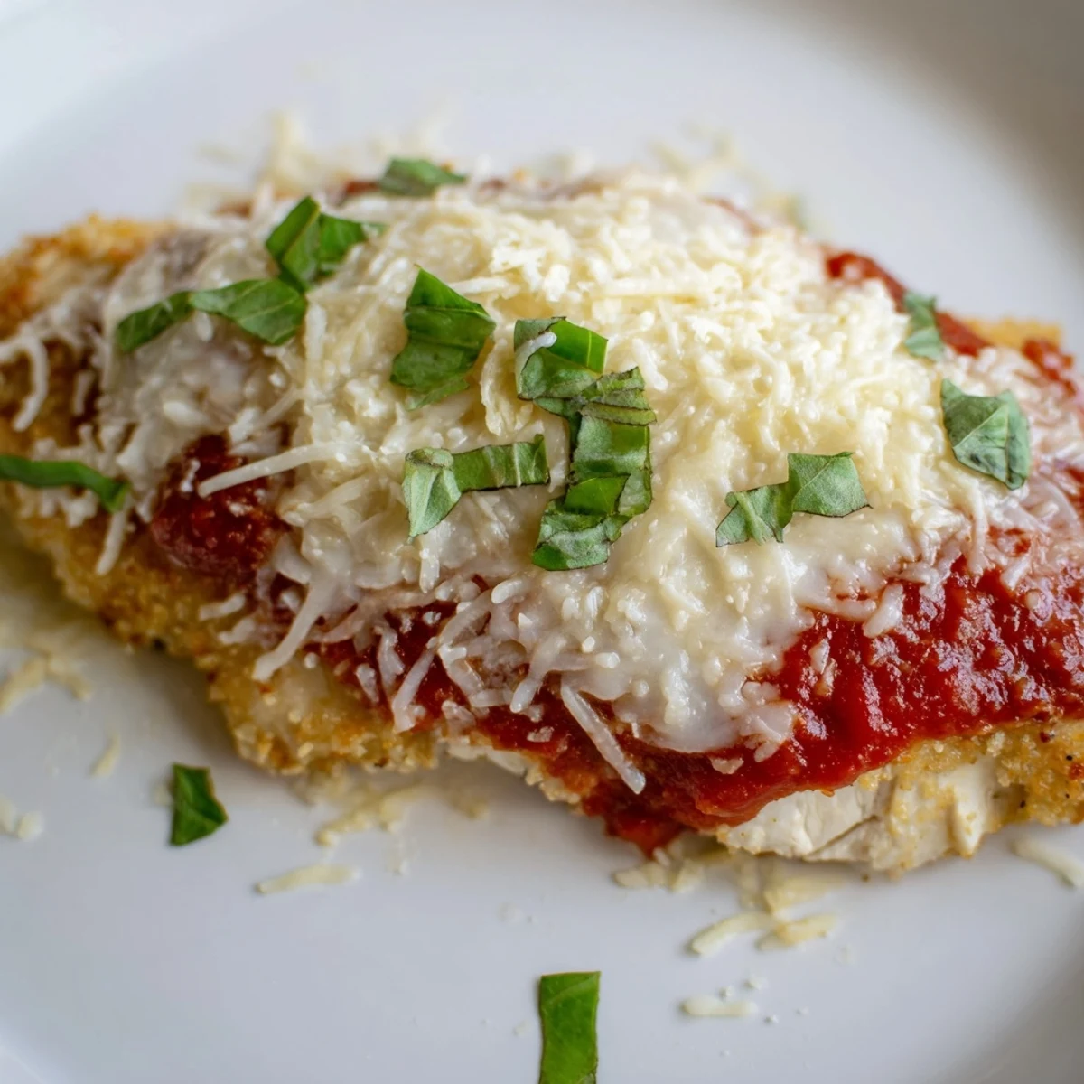 Golden-brown Amazing 15 Minute Keto Chicken Parmesan topped with melted mozzarella and fresh basil.