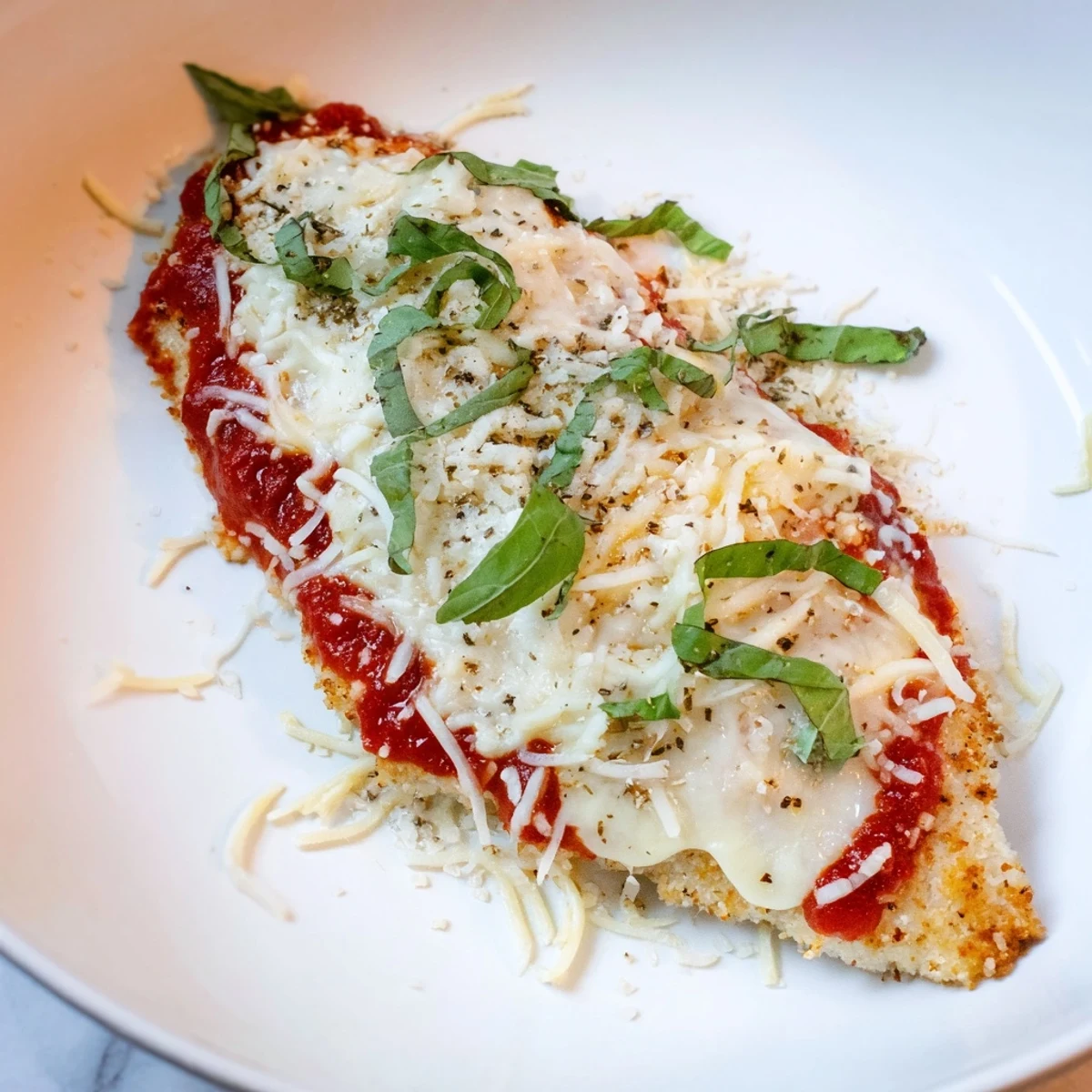 Amazing 15 Minute Keto Chicken Parmesan served on a bed of spiralized zucchini noodles.