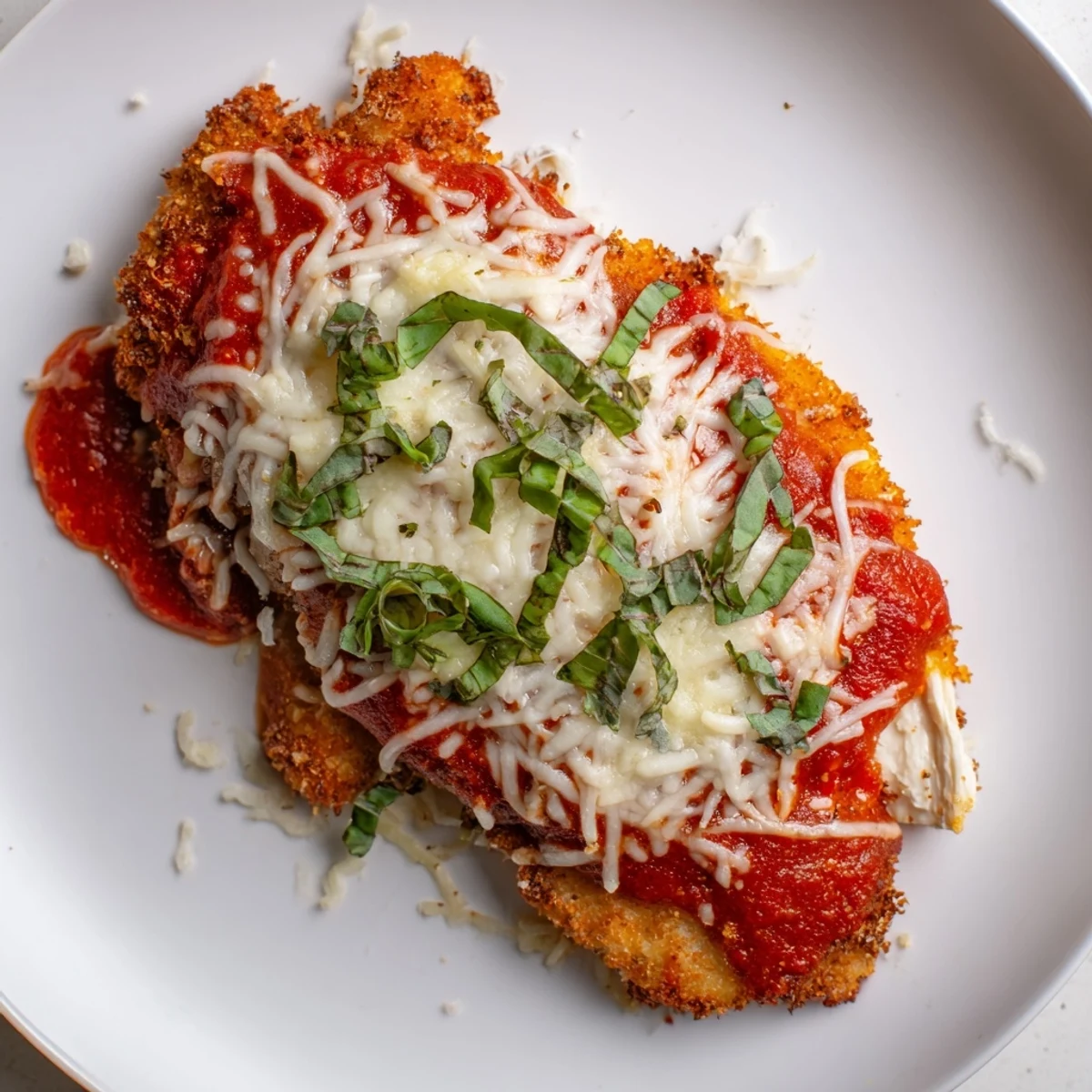 Skillet of Amazing 15 Minute Keto Chicken Parmesan with bubbly cheese and rich marinara sauce.