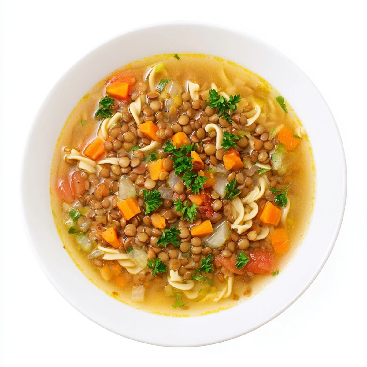 A warm bowl of Lentil Noodle Soup, garnished with fresh parsley and lemon wedges, served beside crusty bread.