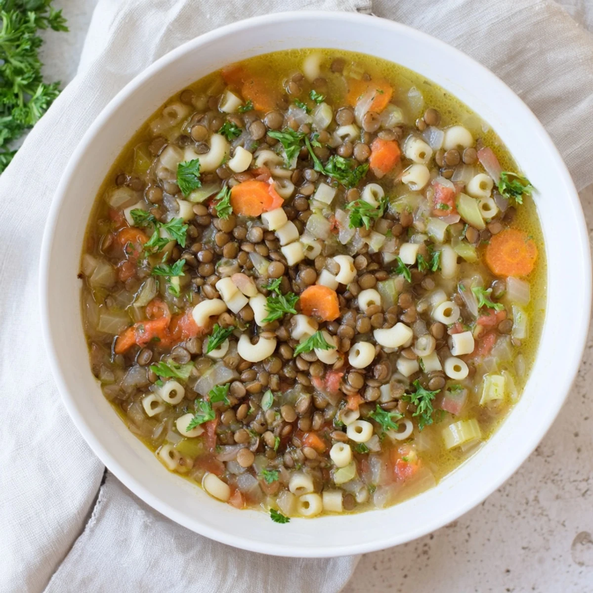 Steaming Lentil Noodle Soup in a rustic bowl, featuring tender lentils, carrots, celery, and egg noodles in a savory broth.