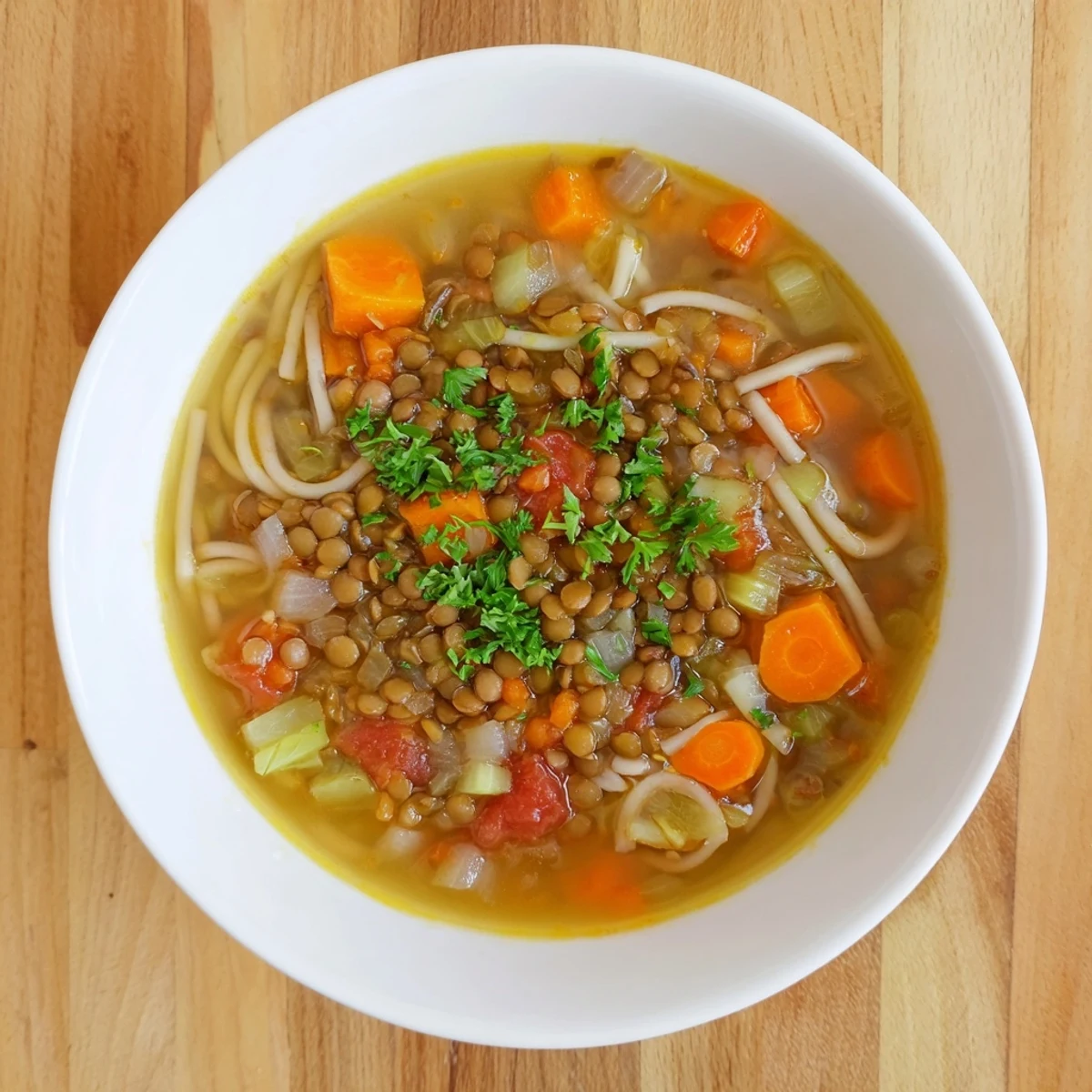 Comforting bowl of homemade Lentil Noodle Soup, with hearty vegetables and herbs, ready to serve on a chilly day.