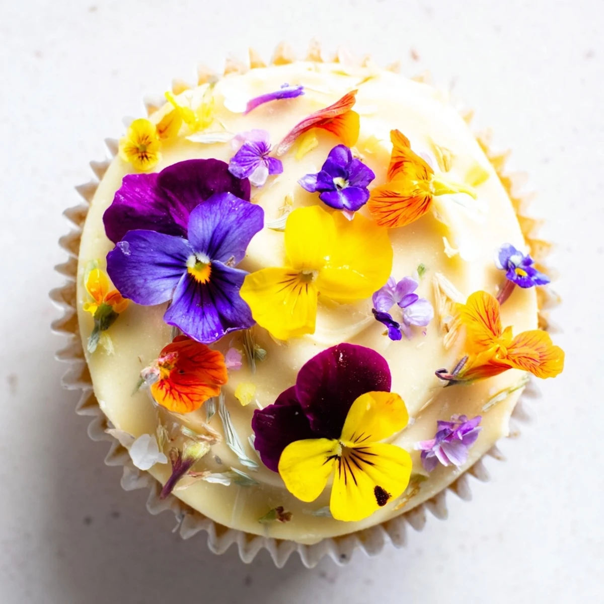 Delicate Wild Flower Cupcakes with vanilla buttercream and edible petals on a spring table.