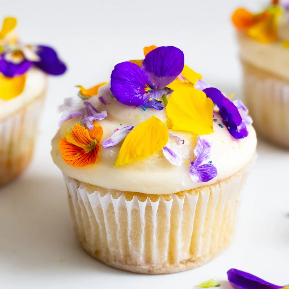 A close-up of frosted Wild Flower Cupcakes topped with fresh violets and pansies for tea.