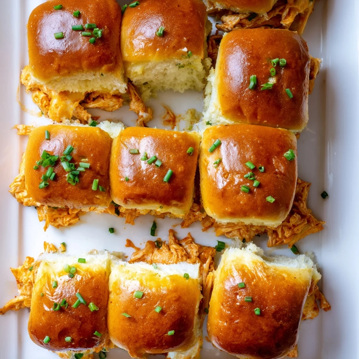 Golden-baked Buffalo Chicken Pizza Dip Sliders on a rustic wooden board, topped with melted mozzarella and chopped chives.  
