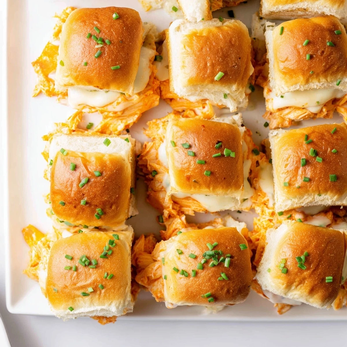 Warm Buffalo Chicken Pizza Dip Sliders served with a side of ranch dressing and pickled jalapeños for extra kick.