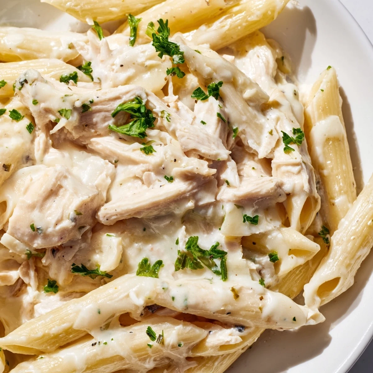 A close-up of Crockpot Garlic Parmesan Chicken Pasta showing tender shredded chicken in a creamy, cheesy sauce coating penne pasta with fresh parsley garnish.
