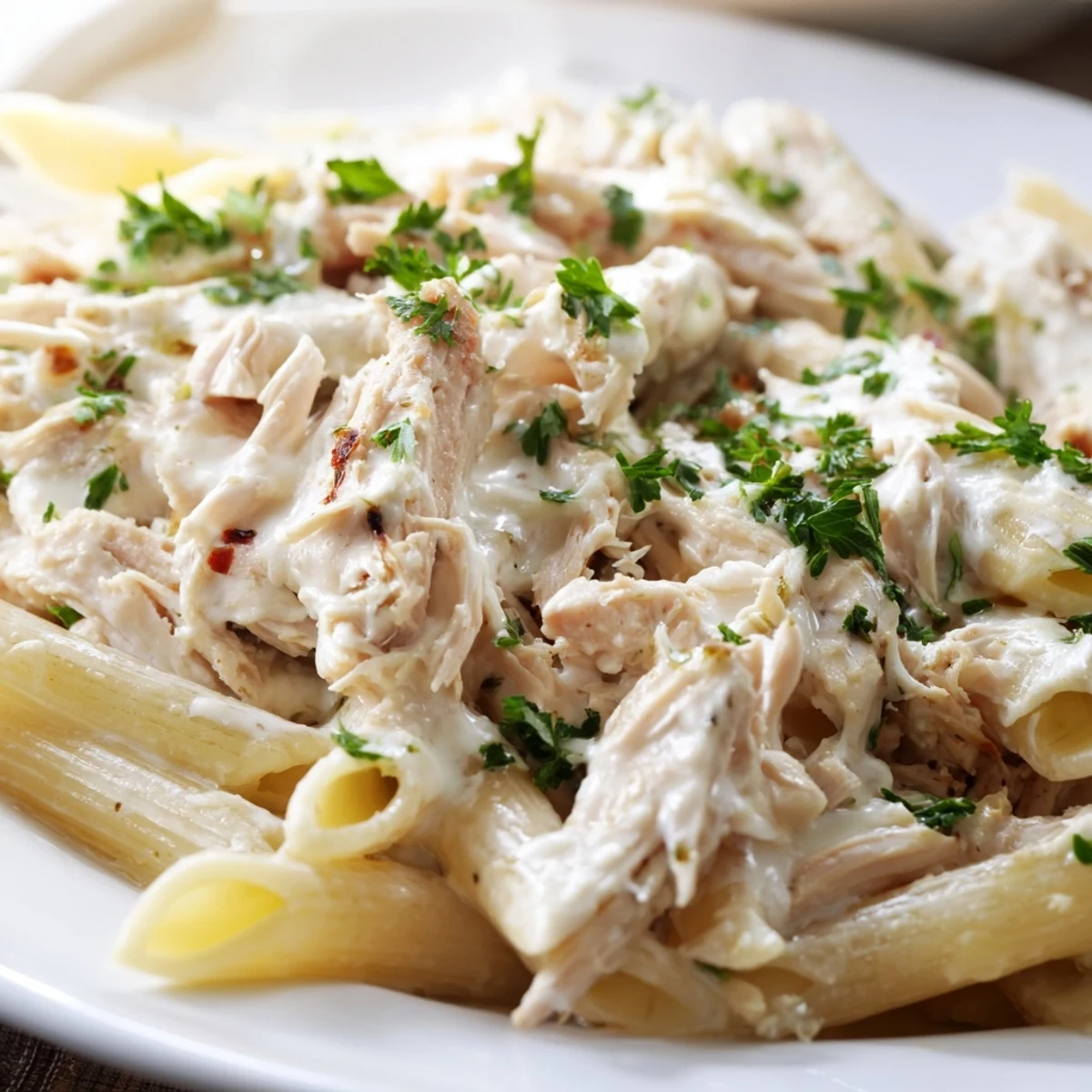 Overhead view of Crockpot Garlic Parmesan Chicken Pasta in a slow cooker with steam rising, ready to be served as a comforting family dinner.