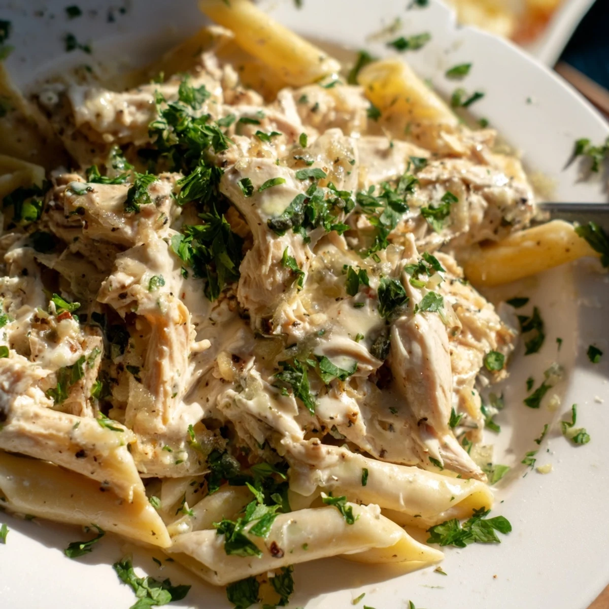 A rustic serving bowl filled with Crockpot Garlic Parmesan Chicken Pasta, creamy sauce clinging to rotini, beside a green salad for a complete weeknight meal.