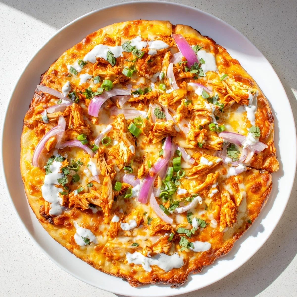 Bold Buffalo Chicken Pizza is sliced and served with extra ranch and celery on the side.