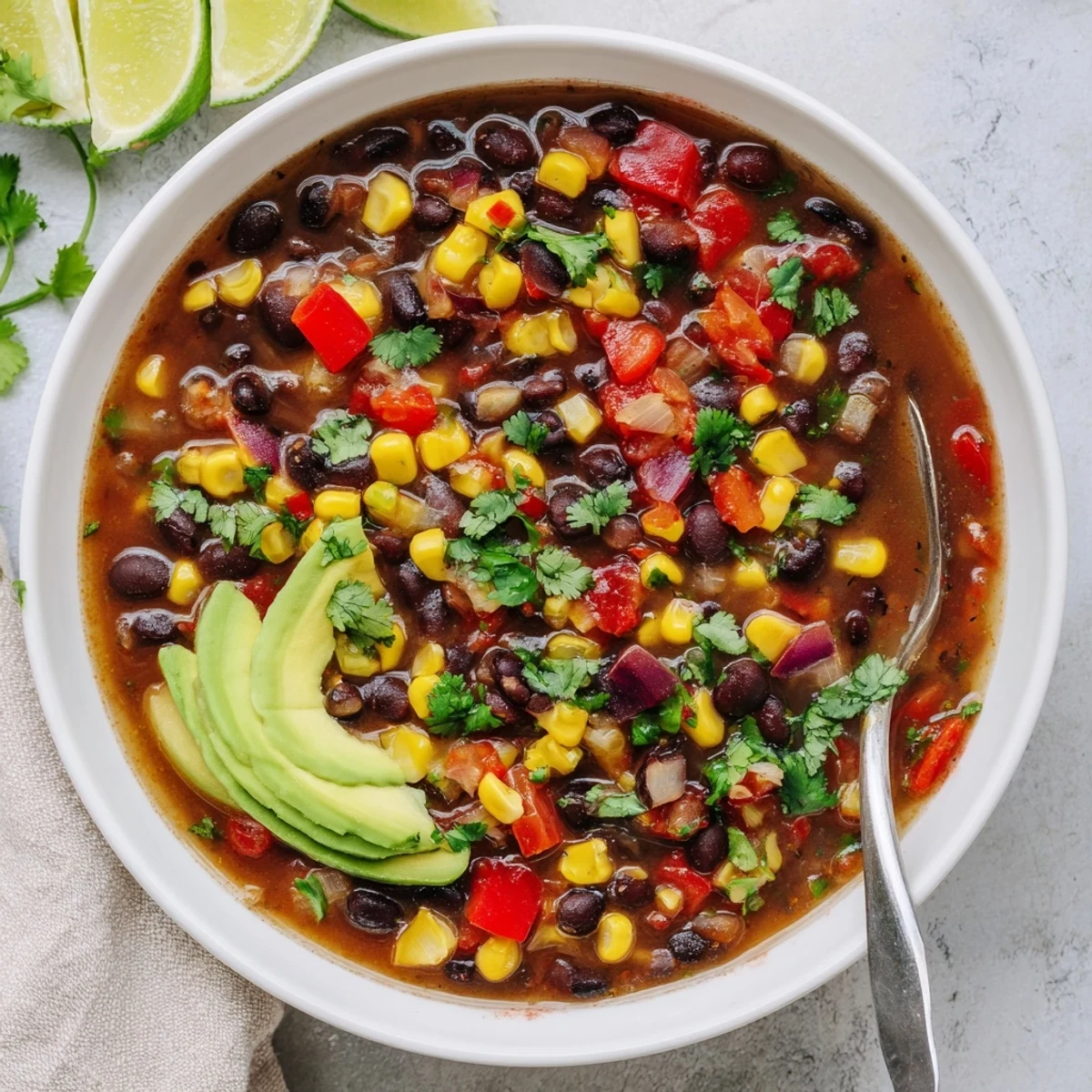 A warm bowl of Black Bean Corn Chili Lime Delight garnished with fresh cilantro and avocado.