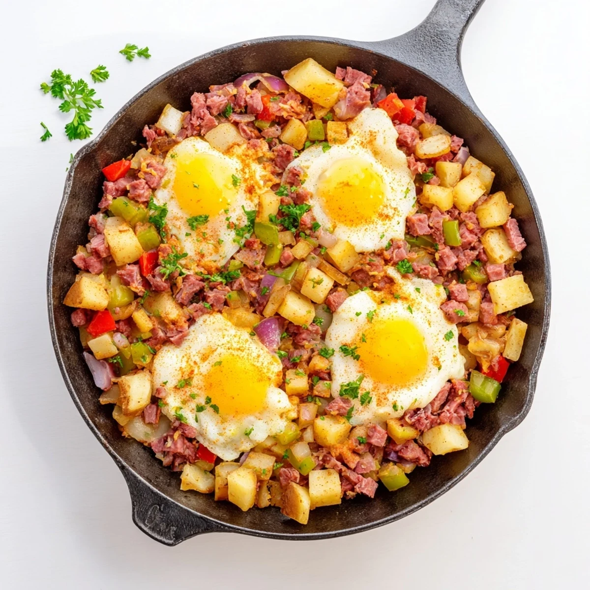 Golden crispy potatoes, diced corned beef, and sautéed bell peppers sizzling in a cast-iron skillet for Corned Beef Hash Skillet.  
