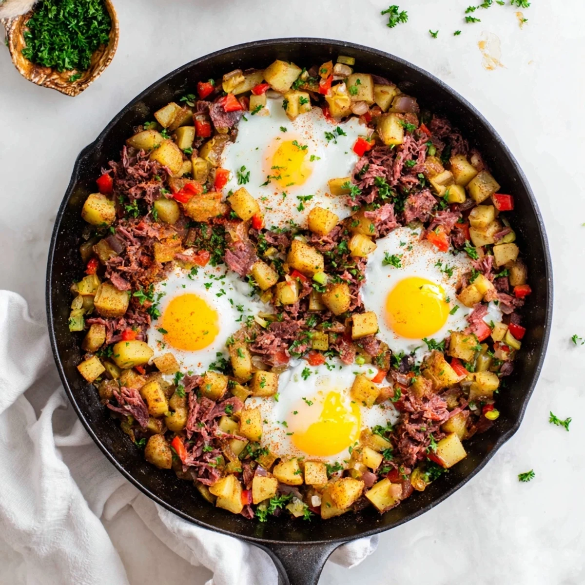 A hearty serving of Corned Beef Hash Skillet topped with a soft sunny-side-up egg and fresh parsley garnish.  