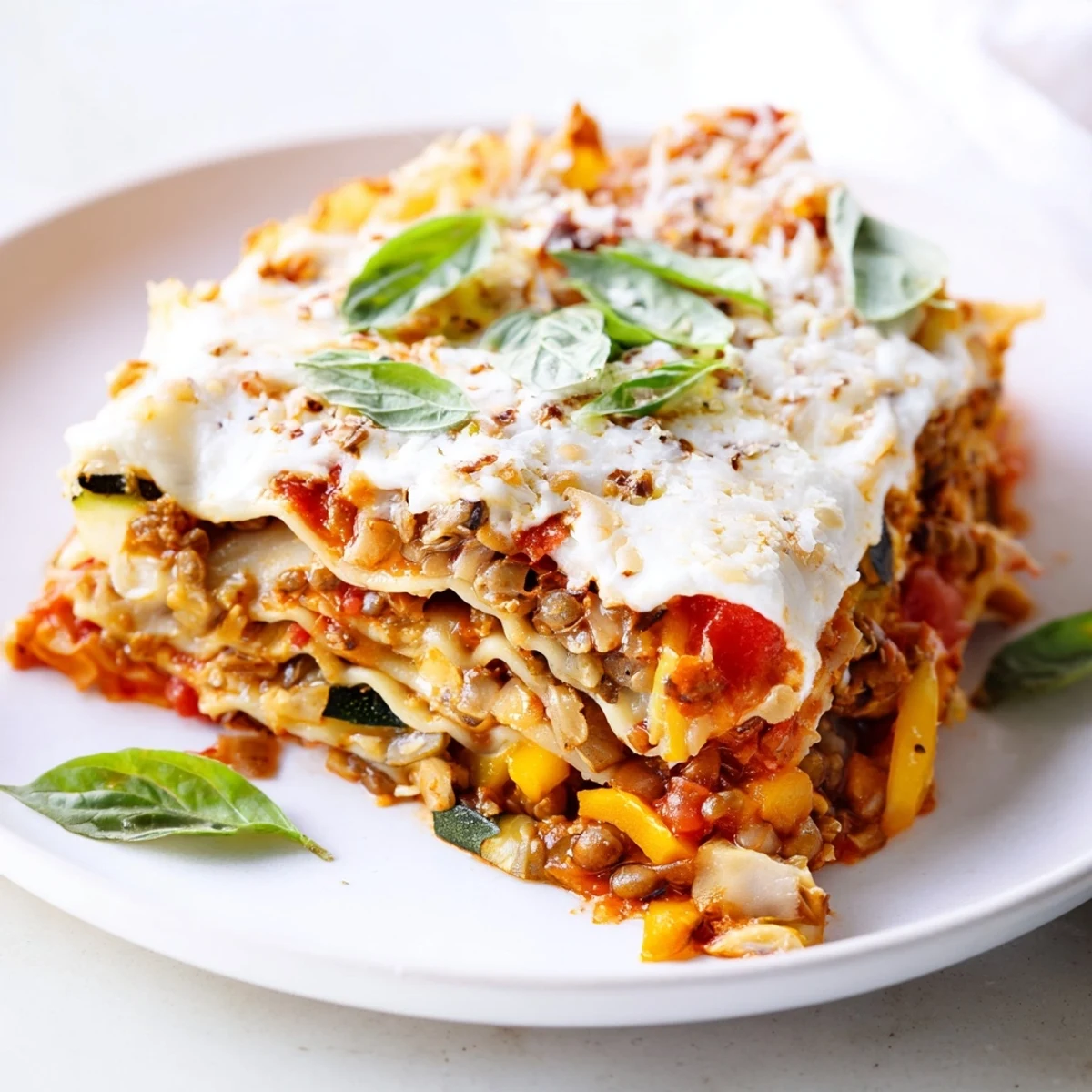 Golden-brown Smoky Veggie Lentil Lasagna bubbling with melted mozzarella and creamy béchamel, garnished with fresh basil leaves.  