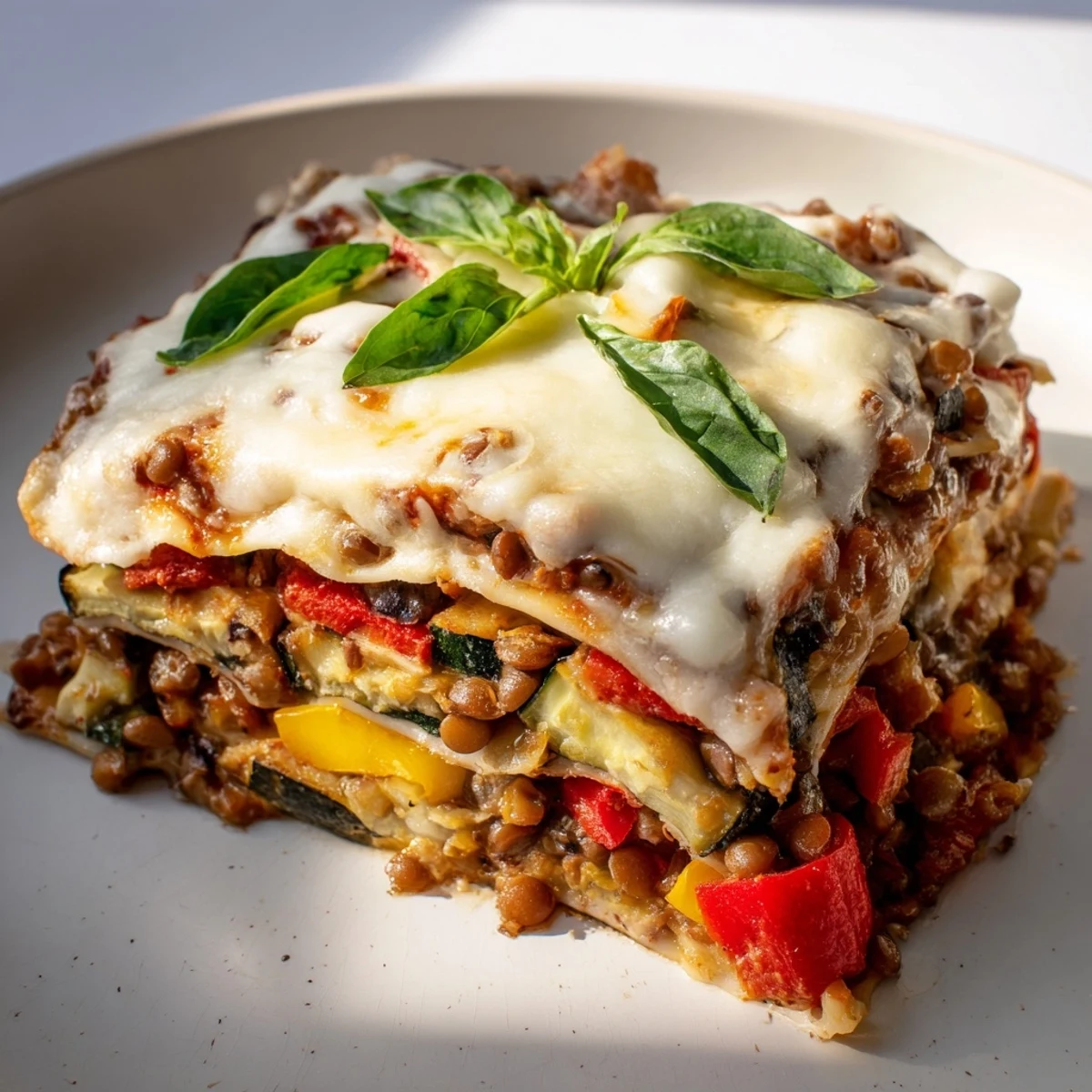 Family-style Smoky Veggie Lentil Lasagna served with a green salad, ready for a cozy vegetarian dinner.