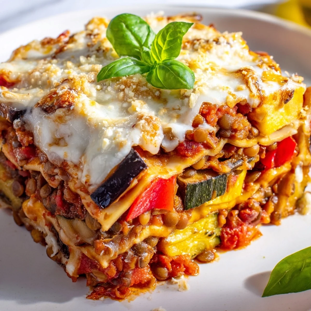 A hearty slice of Smoky Veggie Lentil Lasagna shows smoky roasted vegetables and lentils layered between tender noodles.  